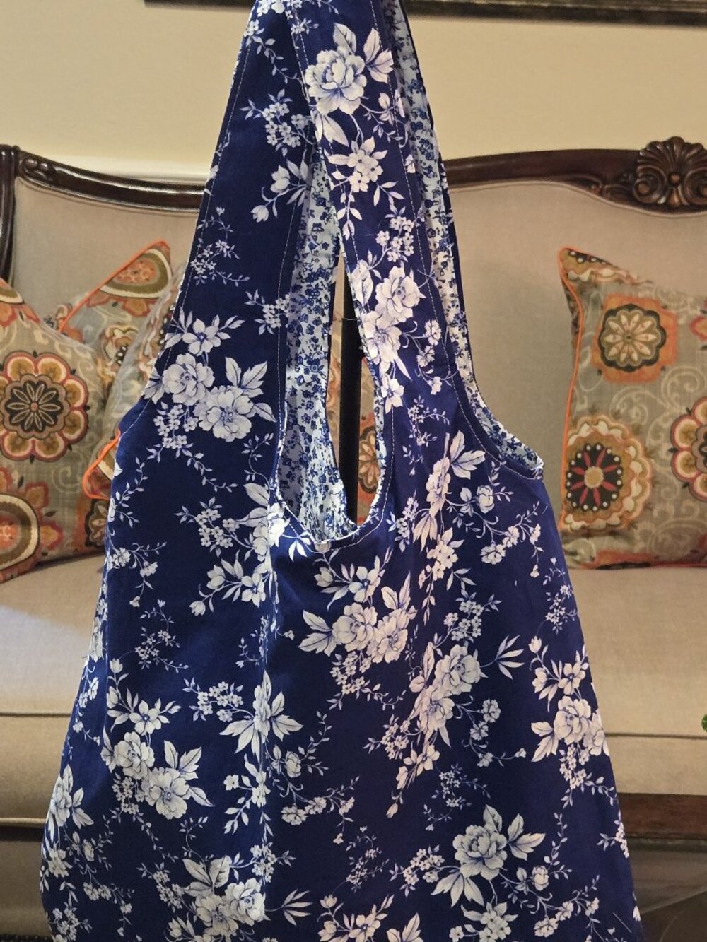 Handmade Reversible Blue & White Flowers on the Reverse White with Blue Flowers
